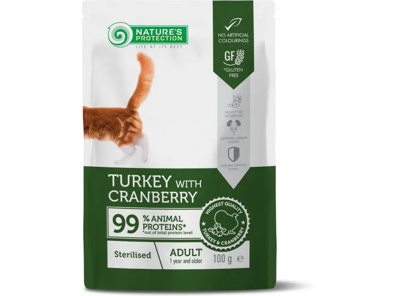 Nature's Protection Cat Sterilised, curcan si merisoare, hrana umeda pentru pisici adulte sterilizate, 100 g