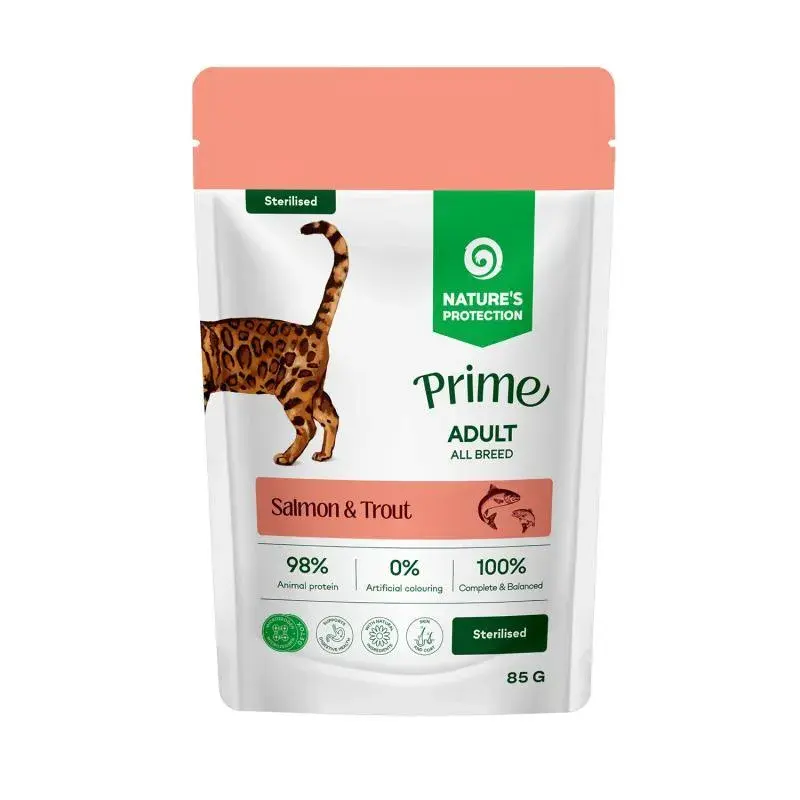 Nature s Protection Prime cu Somon si Pastrav pentru Pisici Sterilizate 85 Gr