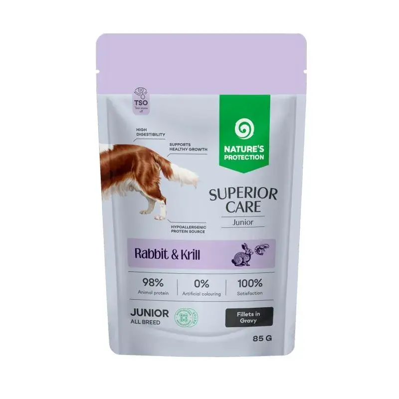 Superior Care Grain Free Junior Hrana Umeda cu Iepure si Krill in Sos 85 Gr