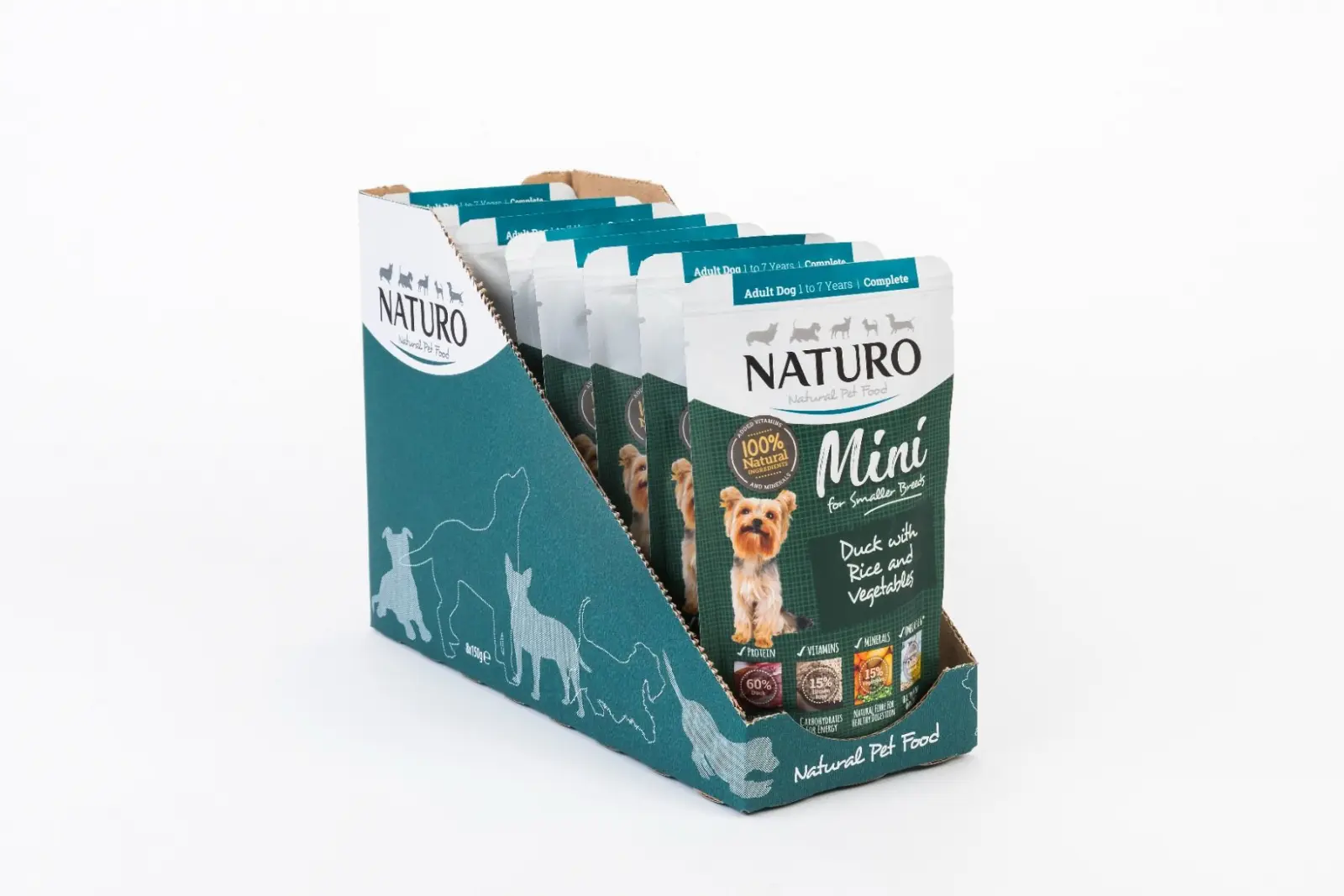 Pouch Naturo Dog Adult Mini cu Carne de Rata si Orez, Set 7 X 150 Gr