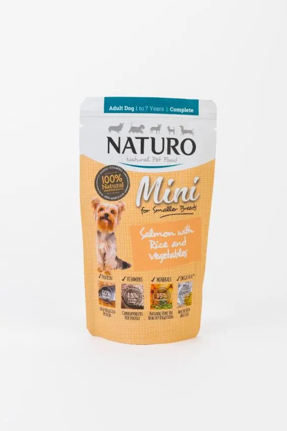 Pouch Naturo Dog Adult Mini cu Somon si Orez 150 Gr
