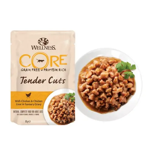 Hrana umeda pentru pisici Wellness Core Tender Cuts cu pui si ficat de pui in sos 85 g