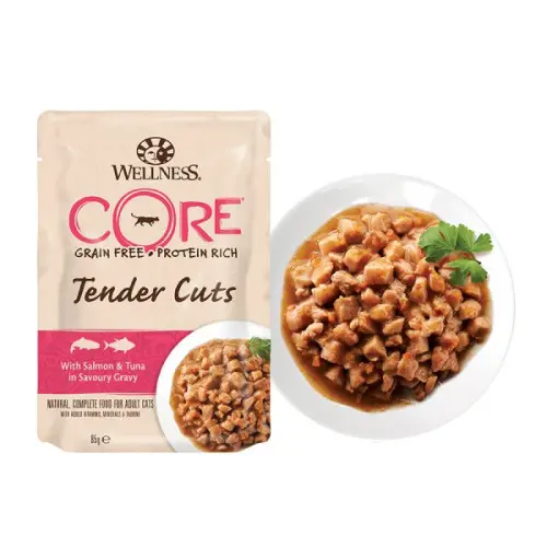 Hrana umeda pentru pisici Wellness Core Tender Cuts cu somon si ton in sos 85 g