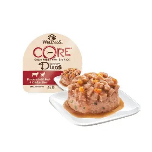 Hrana umeda pentru pisici Wellness Core Savoury Duos cu vita si ficat de pui 79 g