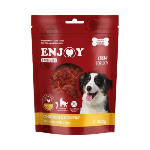 Recompense pentru caini Enjoy Carnivore Chicken Chompin Oase cu orez 300 gr