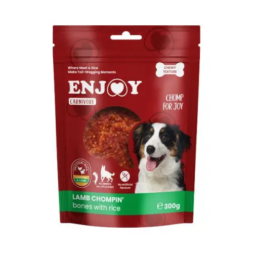 Recompense pentru caini Enjoy Carnivore Lamb Chompin Oase cu orez si miel 300 gr