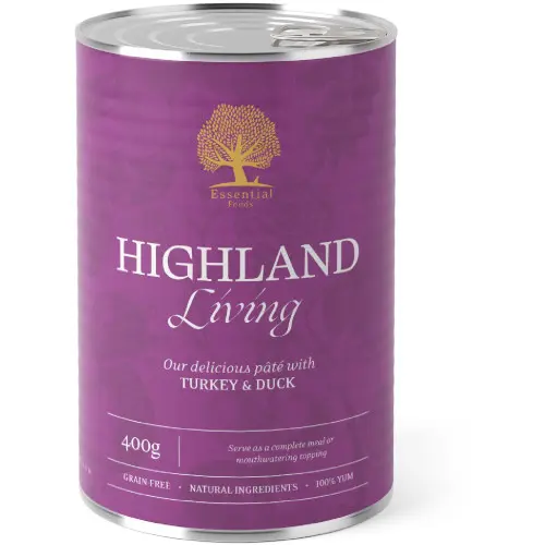 Hrana umeda pentru caini Conserva Essential Pate Highland Living Curcan si Rata 400g