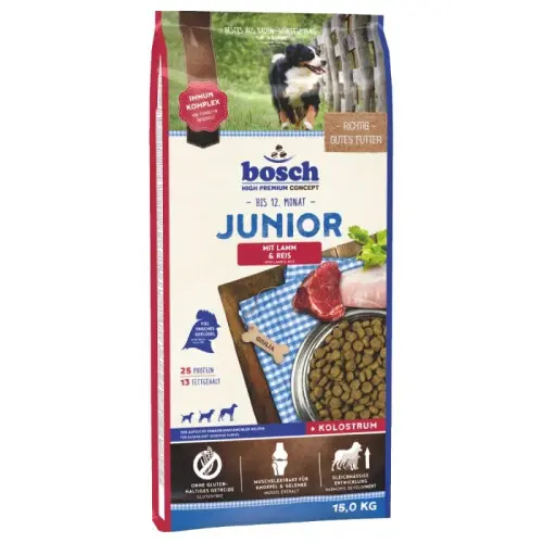 Hrana uscata pentru caini Bosch Junior cu miel si orez 15 kg