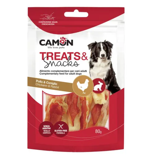 Recompense pentru caini Camon Urechi de Iepure si Carne de Pui 80 gr