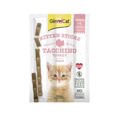 Recompense pentru pisici Gimcat Sticks Kitten cu curcan si calciu, set de 3 bucati