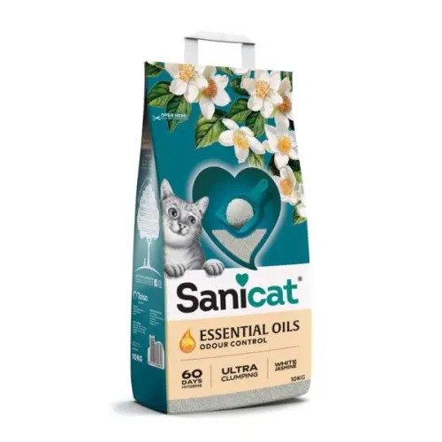 Asternut pentru pisici Sanicat Essential Oils White, cu parfum de iasomie 10 kg
