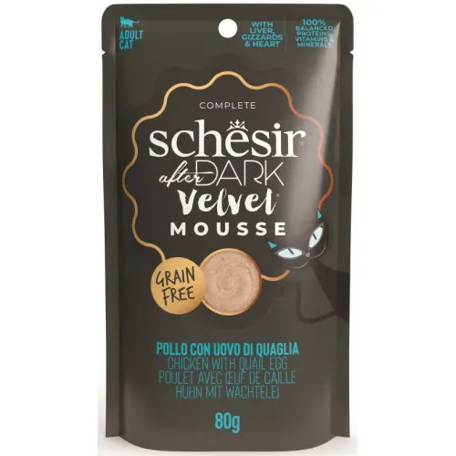 Hrana umeda pentru pisici Schesir After Dark Plic, mousse cu Pui si Ou de Prepelita 80 gr