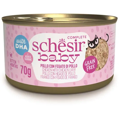 Hrana umeda pentru pisici Schesir Baby Conserva, Supa cu Pui si Ficat 70 gr