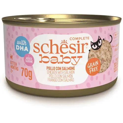 Hrana umeda pentru pisici Schesir Baby Conserva, Supa cu Pui si Somon 70 gr