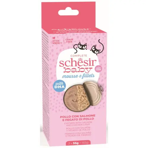 Hrana umeda pentru pisici Schesir Baby Pachet Conserve pentru pisicute, Mousse Pui/Somon 3x55 gr
