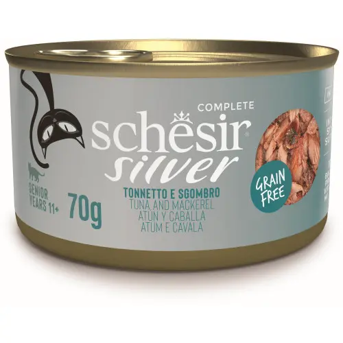 Hrana umeda pentru pisici Schesir Silver Conserva, cu Ton si Macrou 70 gr