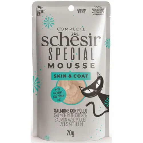 Hrana umeda pentru pisici Schesir Special Skin & Coat Plic, Mousse cu Somon si Pui 70 gr
