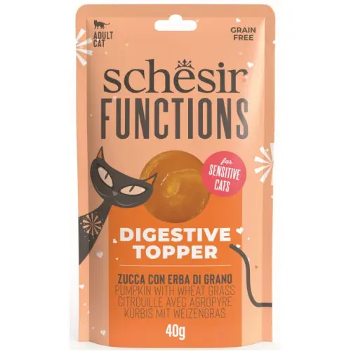 Hrana umeda pentru pisici Schesir Function Topper, Digestion, cu Dovleac/Iarba de grau, Pachet 10 X 40 gr