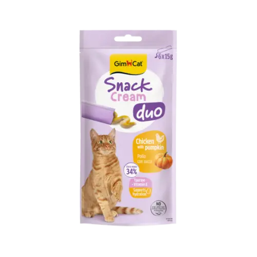 Recompensa cremoasa pentru pisici Gimcat Snack Duo Cream pui si dovleac pachet 6x15 g