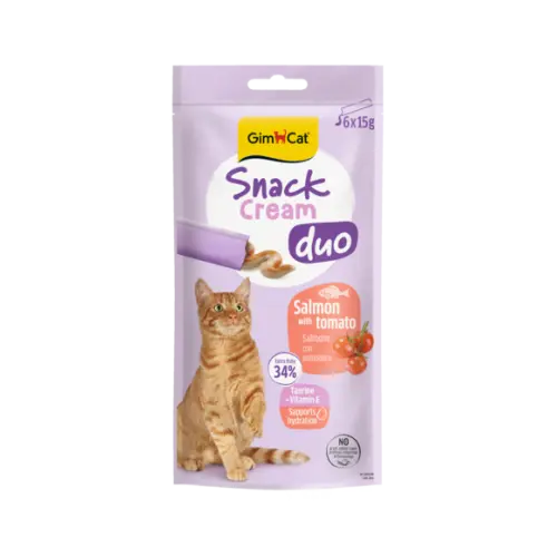 Recompensa cremoasa pentru pisici Gimcat Snack Duo Cream somon si rosii pachet 6x15 g