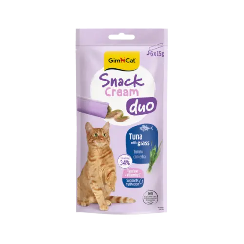 Recompensa cremoasa pentru pisici Gimcat Snack Duo Cream ton si iarba pachet 6x15 g