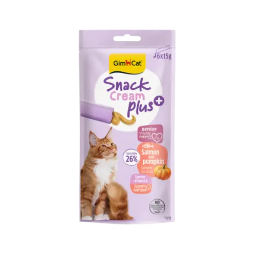 Recompensa cremoasa pentru pisici senioare Gimcat Snack Cream Plus+ cu somon si dovleac pachet 6x15 g