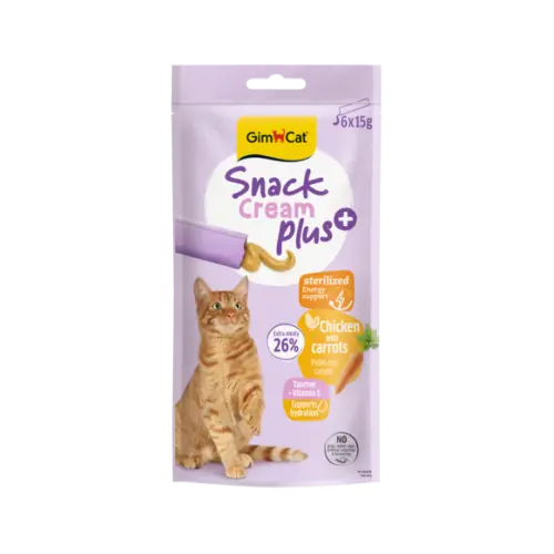 Recompensa cremoasa pentru pisici sterilizate Gimcat Snack Plus+ Cream cu pui si morcov pachet 6x15 g