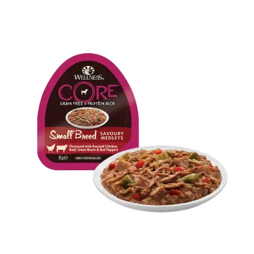 Hrana umeda pentru caini Wellness Core Small Breed Savoury cu pui si vita 85 g