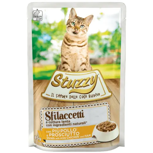 Hrana umeda pentru pisici Stuzzy Fasii de pui cu sunca in sos 85g