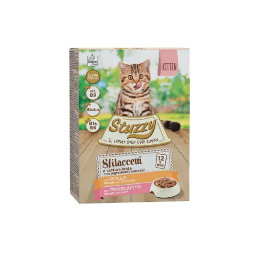 Hrana umeda pentru pisici Stuzzy Kitten Pack Bucati de pui&sunca in sos 12x85g
