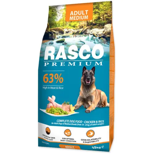 Hrana uscata pentru caini Rasco Premium Adult Medium, cu Pui si Orez 15 kg