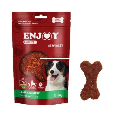 Recompense pentru caini Enjoy Carnivore Lamb Chompin Oase cu ore si miel 100 gr