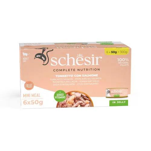 Hrana umeda pentru pisici Schesir conserva Ton si Somon in jeleu 6x50gr