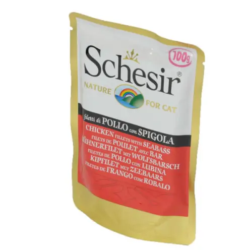 Hrana umeda pentru pisici Schesir cu pui si biban 100 g