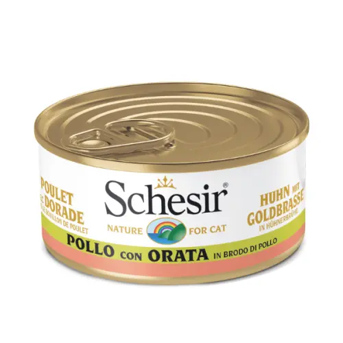 Hrana umeda pentru pisici Schesir in supa cu pui si dorada 70 g