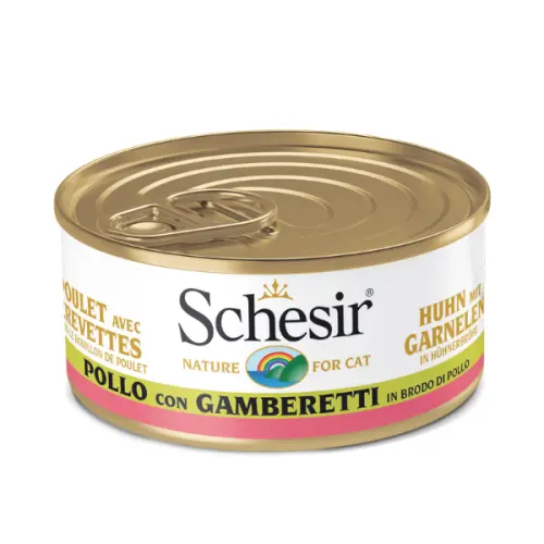 Hrana umeda pentru pisici Schesir cu pui si creveti in supa 70 g