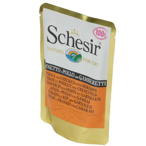 Hrana umeda pentru pisici Schesir cu ton pui si creveti 100 g