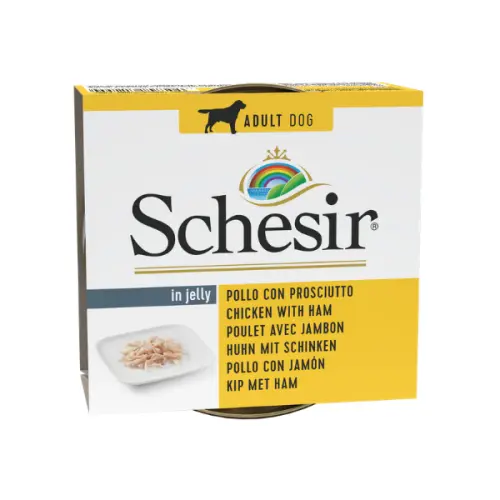 Hrana umeda pentru caini Schesir cu pui si jambon, Pachet 5 X 150 g