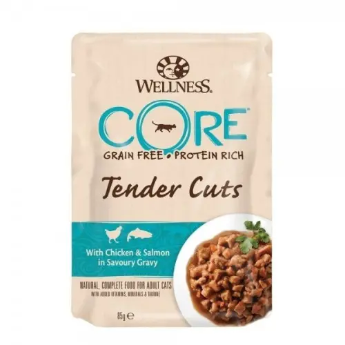 Hrana umeda pentru pisici Wellness Tender Cuts cu pui si somon in sos 85 g