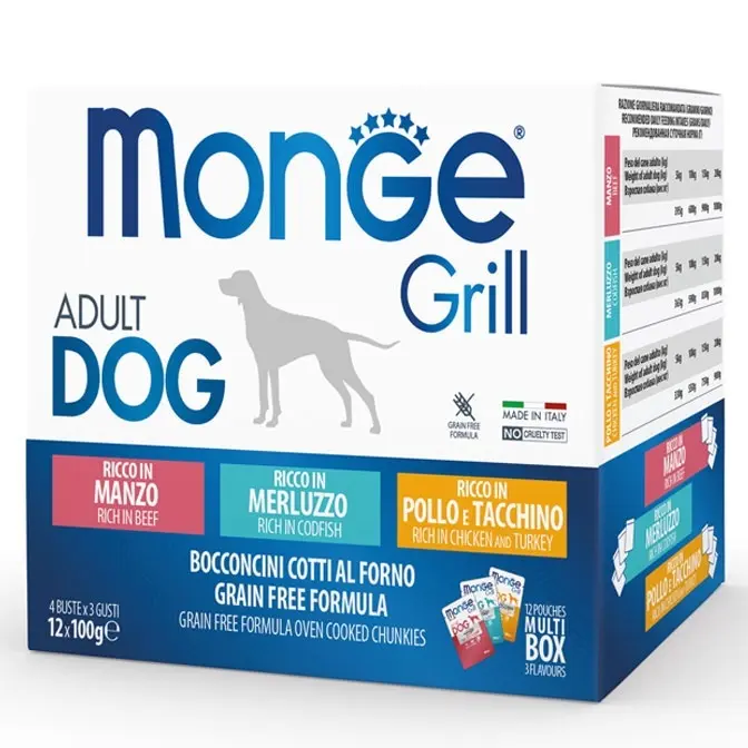 Multipack Monge Grill Chunkies - Hrana umeda super-premium - Vita, Cod si Pui - 12x100g