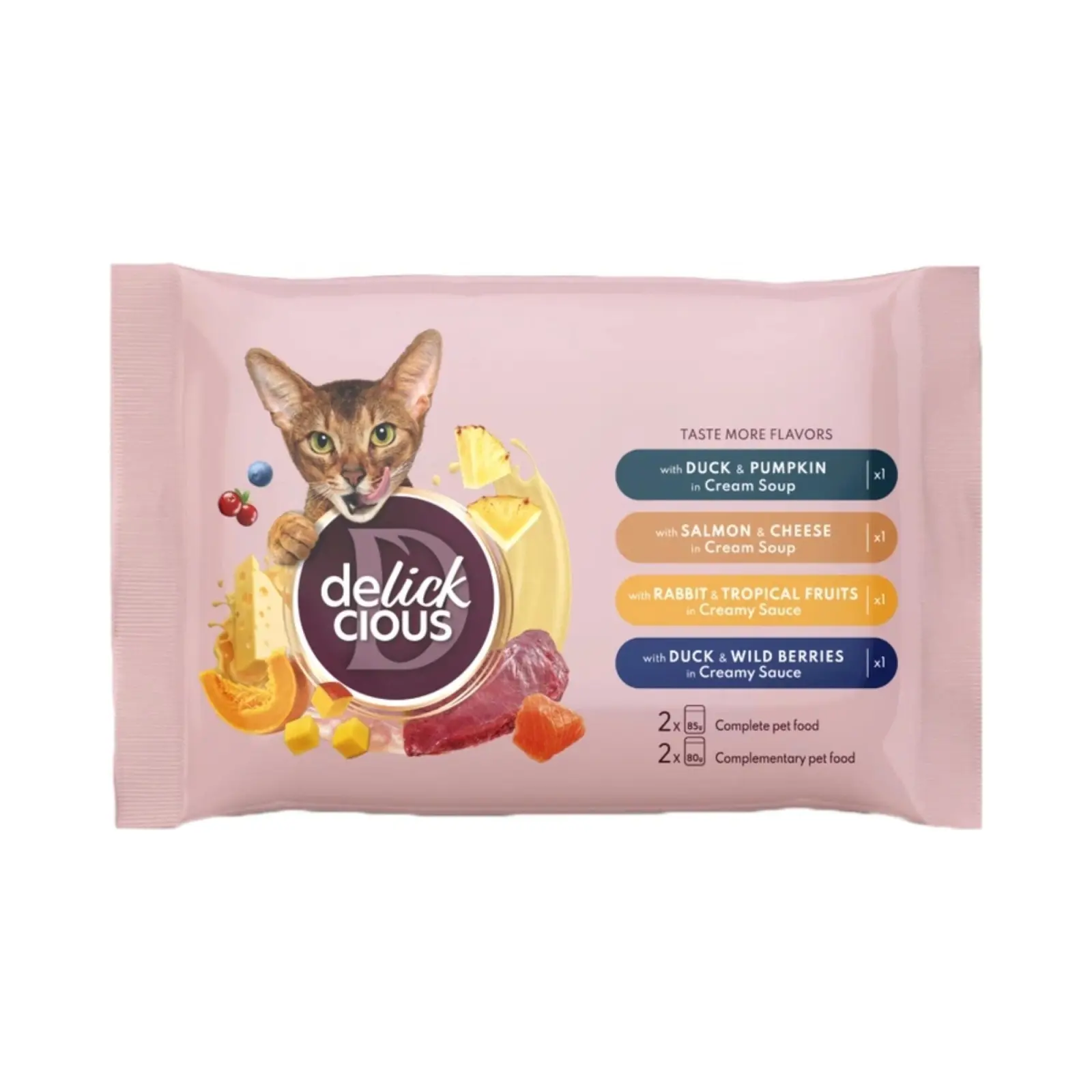 Delickcious Cat - Set Cina si Desert - Supa 2x85g & Bucati in Sos 2x80g
