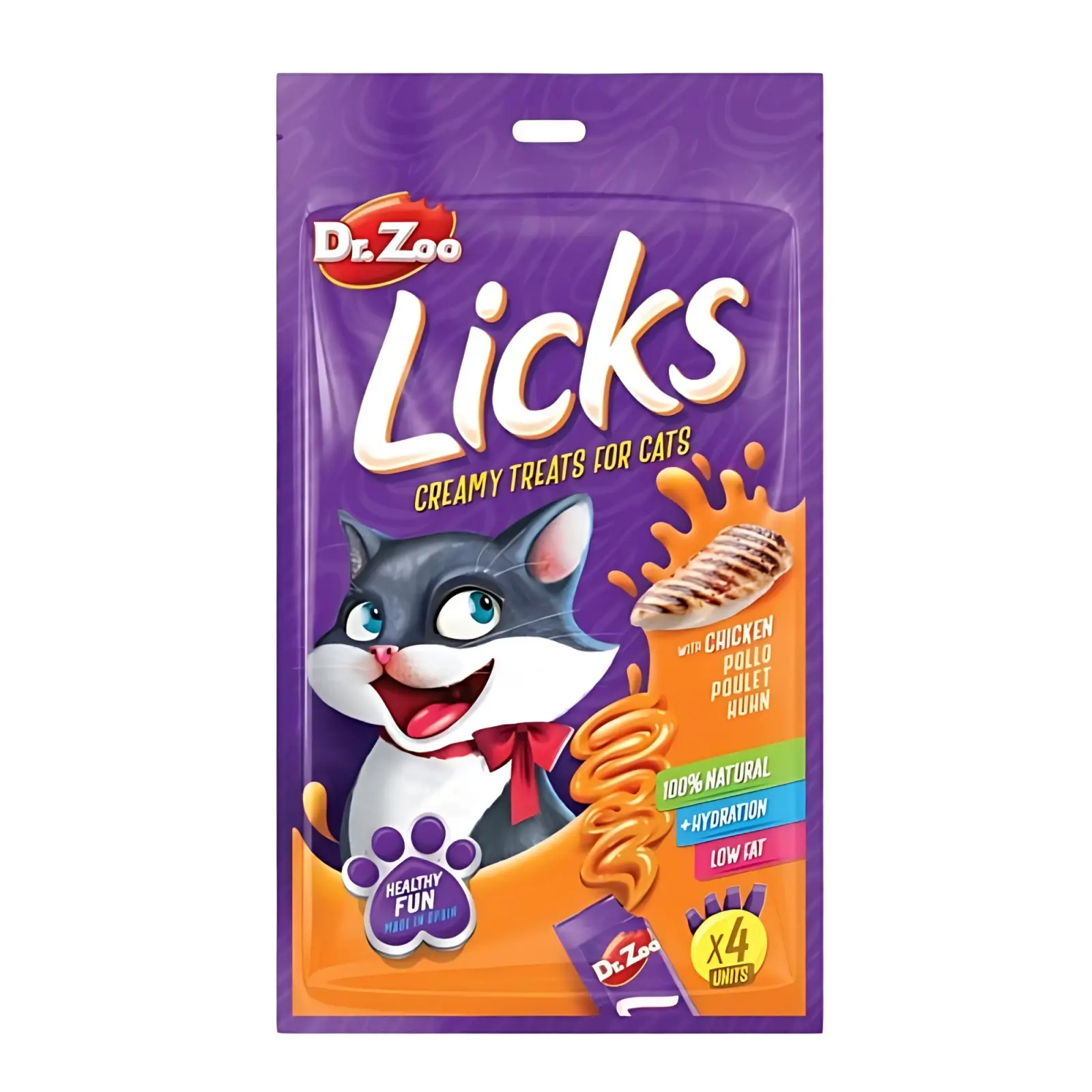 Dr. Zoo Licks Snack cremos pentru pisici, Pui: 4 x 15g, fara cereale