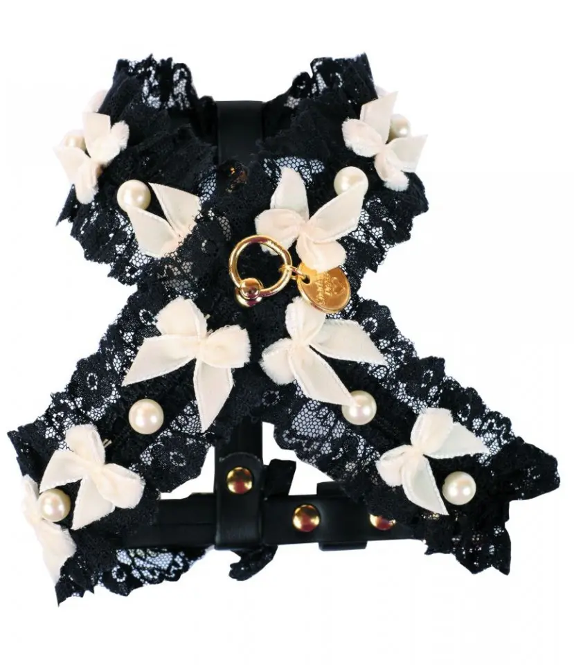 Ham elegant, negru, infrumusetat cu dantele si fundite de catifea, XXS, circumferinta piept 31-35 cm x circumferinta gat 26 cm