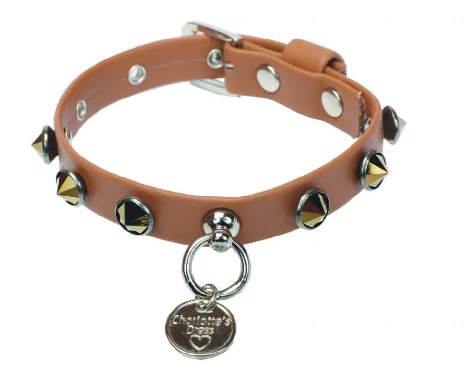 Ham din piele ecologica, maro, decorat cu capse din cristale Swarovski, gat 26 cm x piept 31-35 cm