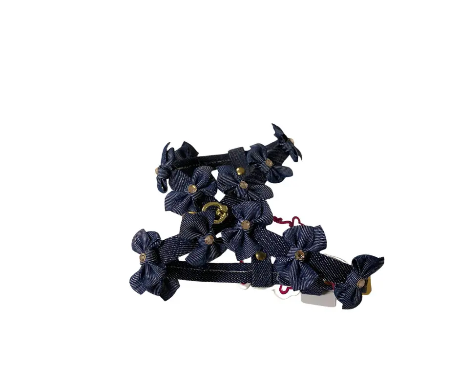 Ham ajustabil, albastru, decorat cu fundite blue jeans si cristale Swarovski, circumferinta piept 31-35 cm x circumferinta gat 26 cm