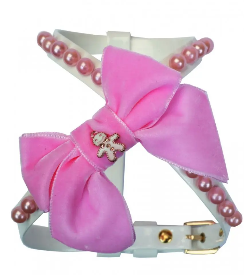 Ham ajustabil, roz, infrumusetat cu perle si funda de catifea, circumferinta piept 31-35 cm x circumferinta gat 26 cm