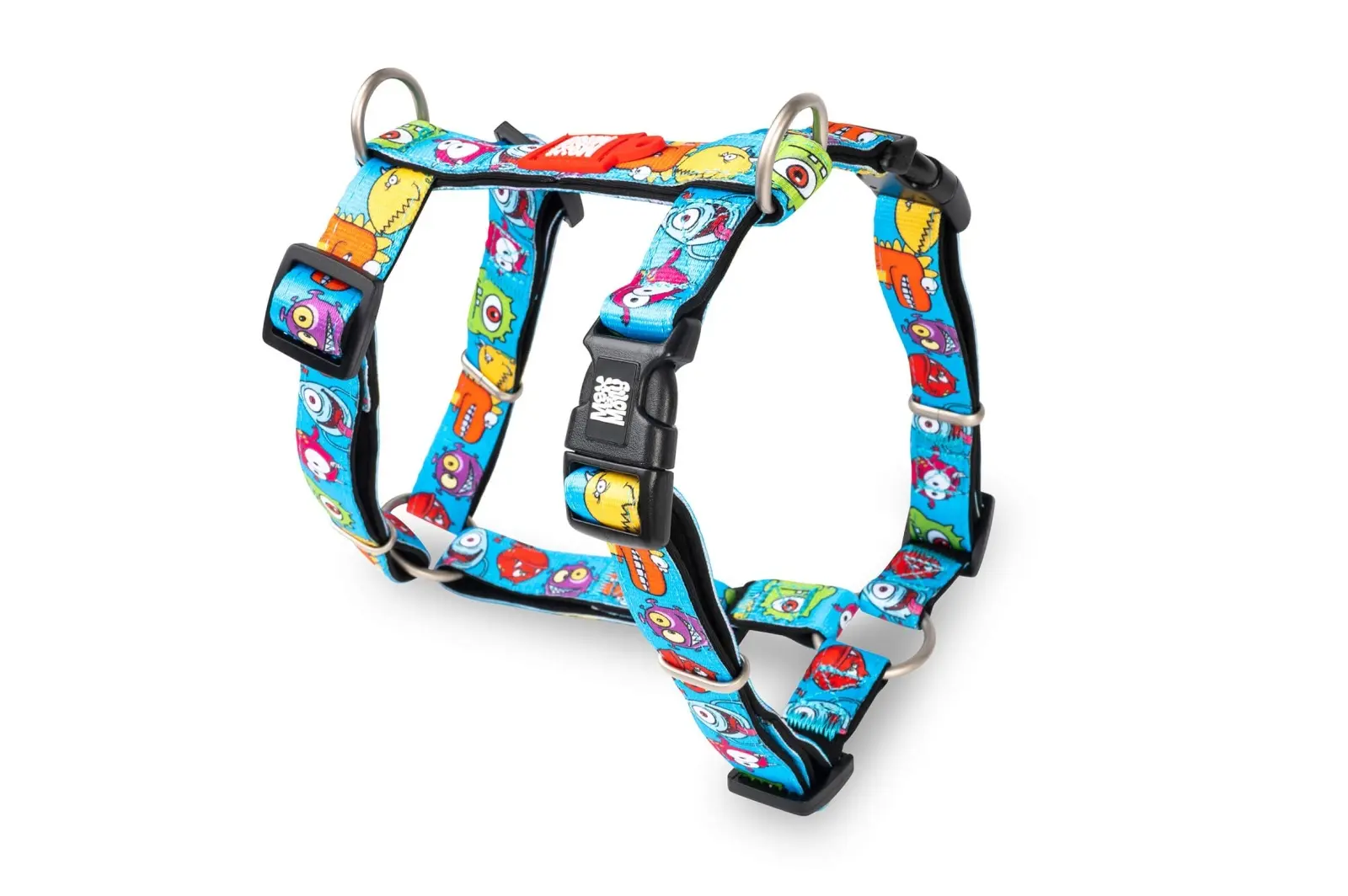 Ham ajustabil Max & Molly, multicolor, imprimeu Little Monsters, 2 straturi, cu inele D pentru control mai bun, marime M