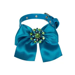 Zgarda caini, turcoaz, decorata cu fundita din satin, 25 cm