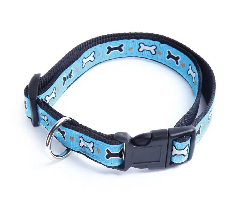 Zgarda nylon pentru caini, albastra, cu decor os, ajustabila, 30-45 cm x 1.6 cm