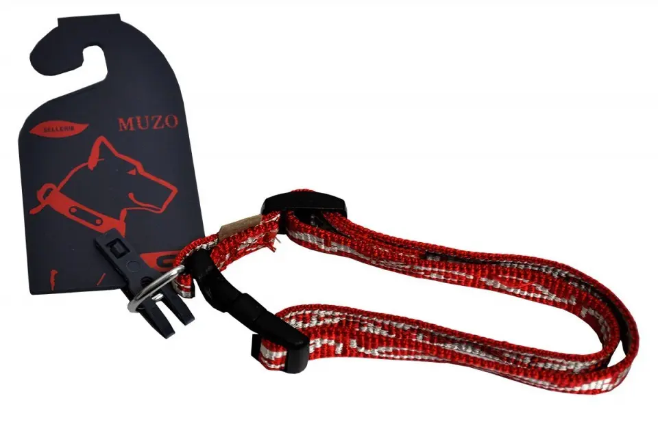 Zgarda nylon, rosie/bej, reglabila, extrem de rezistenta, 4 cm x 44-71 cm